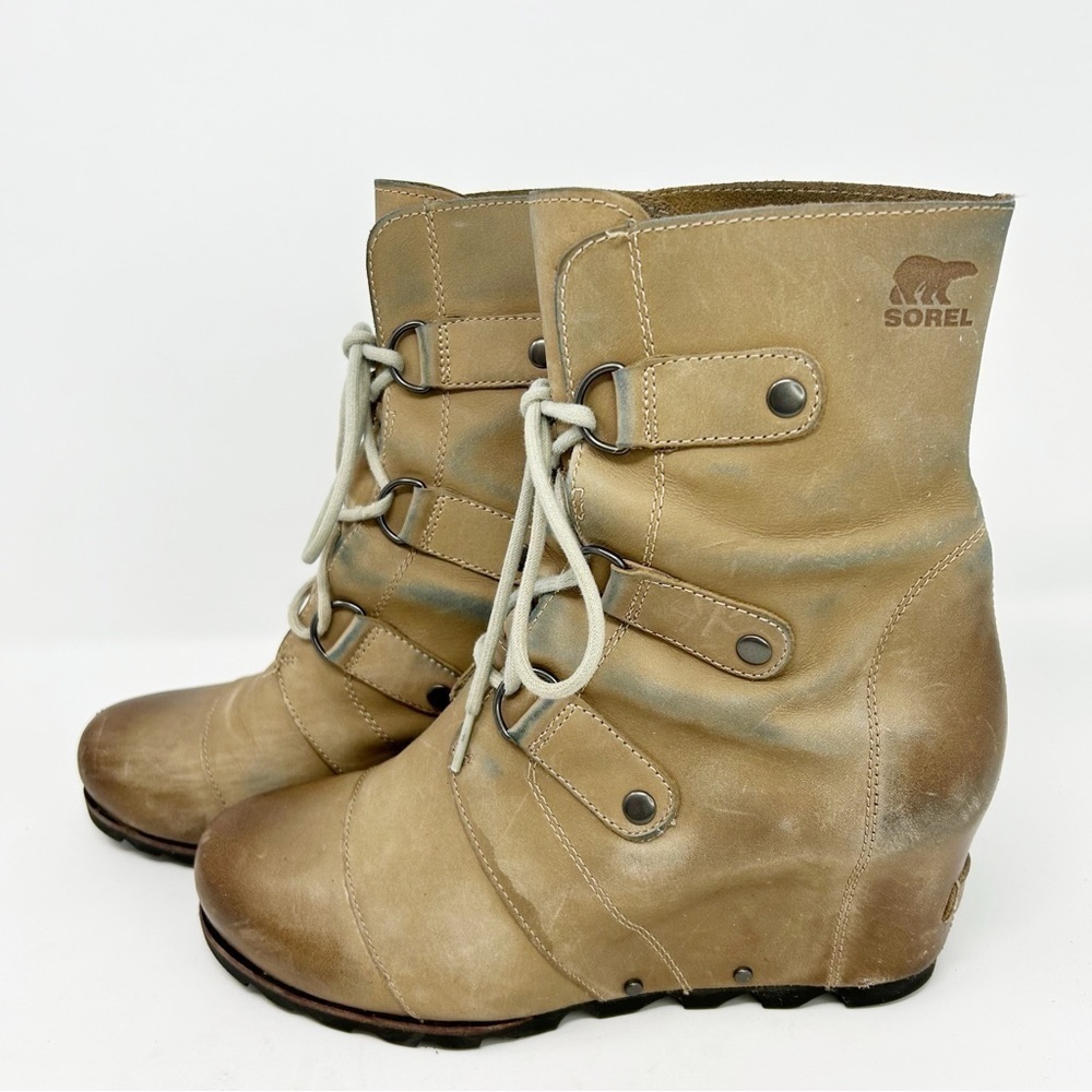 Sorel Joan of Arctic Tan Light Brown Hidden Wedge Lace Up Mid Calf Boots Size 10
